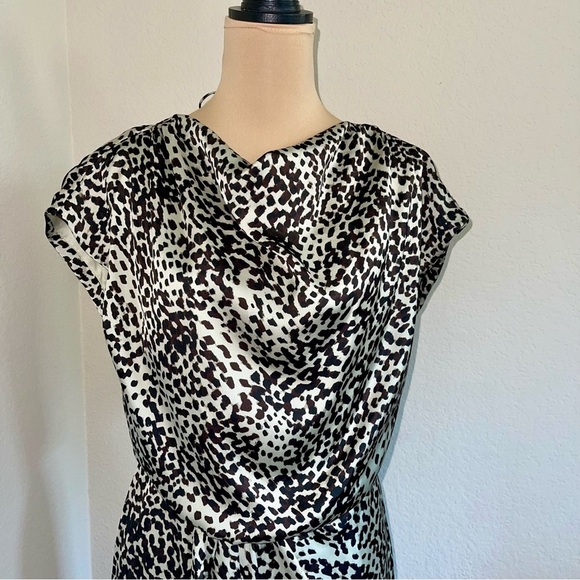 Vince Camuto Beige Brown Cheetah Animal Print Cowl Neck Draped Back Dress SZ 8 - Picture 2 of 11